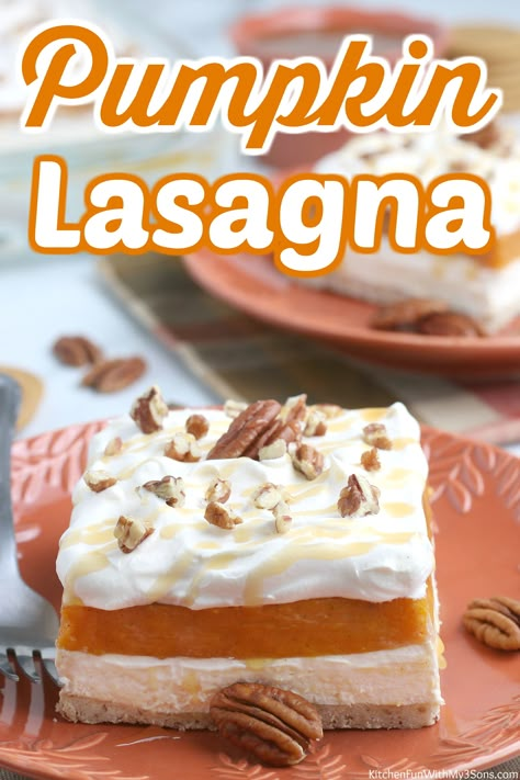 Pumpkin Lasagna Dessert Lasagne Dessert, Pumpkin Lush Dessert, Almond Joy Truffles Recipe, Pumpkin Lasagna Dessert, Pumpkin Lush, Lasagna Dessert, Layered Pumpkin Dessert, Lush Dessert, Dessert Lasagna