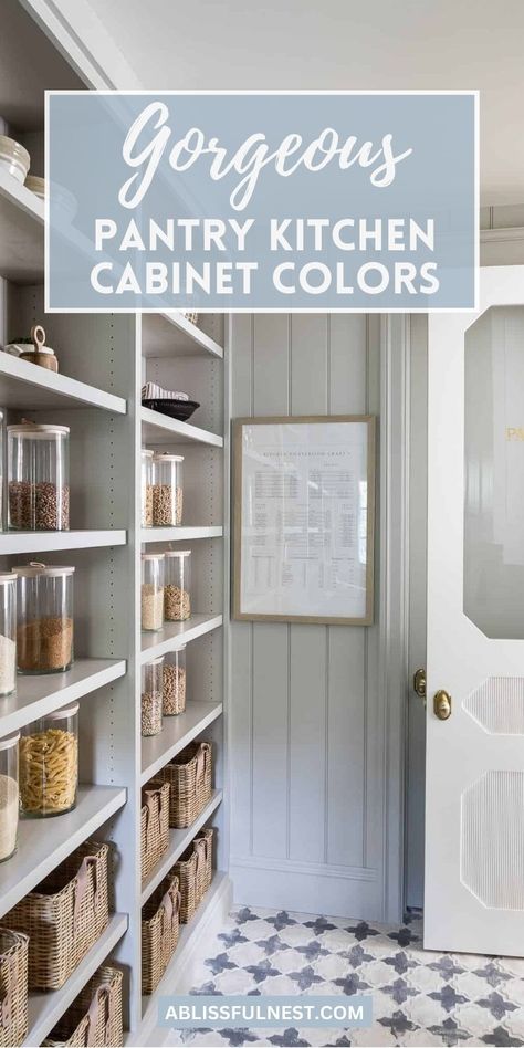 Get organized in style with these gorgeous pantry kitchen cabinet colors! A fresh coat of paint can transform your pantry from drab to fab, creating a space that's both functional and beautiful. Check out these inspiring ideas and give your pantry a makeover it deserves!  #pantrygoals #pantrycabinetcolors #kitchenrefresh Painted Pantry Cabinet, Pantry Colour Schemes, Pantry Paint Color Ideas, Colored Pantry Cabinets, Painting Pantry Interior, Pantry Paint Colors Open Shelving, Painted Pantry Shelves, Walk In Pantry Paint Colors, Colorful Pantry Ideas