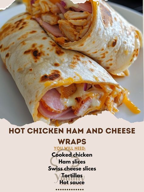 🔥🌯 Spice up your meal with Hot Chicken Ham and Cheese Wraps! A tasty, quick, and filling option. #SpicyWrapDelight Hot Chicken Ham and Cheese Wraps Ingredients: Cooked chicken, shredded (1 cup) Ham slices (4) Swiss cheese slices (4) Tortillas (4) Hot sauce (2 tbsp) Instructions: Lay tortillas flat, place a slice of ham and cheese on each. Top with chicken, drizzle with hot sauce. Roll up tightly, grill until cheese melts. 🌶️🧀 Dive into these hearty wraps filled with layers of flavor. Ideal ... Hot Chicken Ham And Cheese Wraps, Ham And Cheese Wraps, Chicken Ham And Cheese, Cheese Wraps, Ham Slices, Chicken Shredded, Chicken Ham, Ham Sandwiches, Cheese Wrap