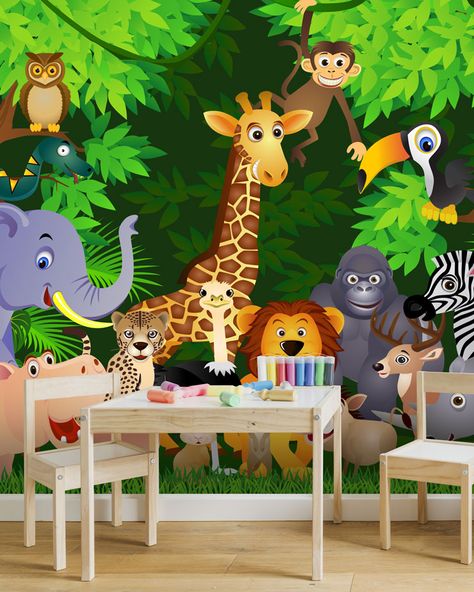 Animals In The Jungle, Childrens Wall Murals, Playroom Mural, Jungle Wall Mural, Girl Nursery Wallpaper, Jungle Bedroom, Jungle Wall, Murals For Kids, Wallpaper Roller