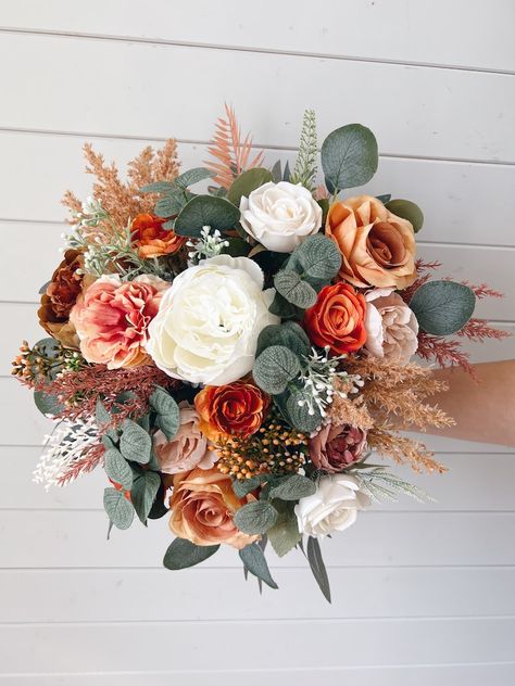 Wedding Bouquet, Orange Bridal Bouquet, Terracotta Bouquet, Burnt Orange Bridesmaids Bouquet, Rust Wedding Bouquet, Fall Wedding Bouquet - Etsy Terracotta Floral Bouquet, Fall Farm Wedding Colors, Terracotta And Cream Bouquet, Wooden Wedding Bouquets, Wedding Fall Bouquets, Burnt Orange Flower Arrangements, Bridal Bouquet August, Fall Wedding Bouquets September, Fall Bride Bouquets