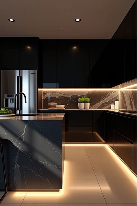 Dramatic black modern kitchen makeover Luxury Black Kitchen, Kitchen Makeover Projects, Black Modern Kitchen, Modern Black Kitchen, Kitchen Tech, Kitchen Transformation, Kitchen Remodel Design, Recessed Downlights, Kitchen Room Design