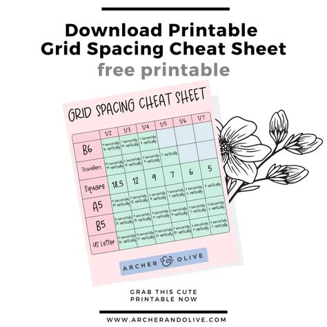 Bullet Journal Grid Spacing Guides For All Notebook Sizes – Archer and Olive Bullet Journal Grid Spacing, Grid Spacing Guide, Bullet Journal Headings, Bullet Journal Grid, Notebook Sizes, Archer And Olive, Year In Pixels, A5 Journal, Learn Calligraphy