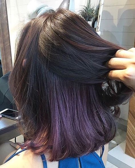 Keep it hidden at school or work and flaunt it when you're ready to party ✨✨ Peekaboo lavender hair color by Number76 Singapore. Plum Hair Colour, Lavender Hair Dye, Hidden Hair Color, Lavender Hair Colors, Hair Color Plum, Plum Hair, Peekaboo Hair, Hair Color Underneath, Hair Color Streaks