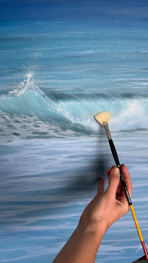 Instagram Water Waves Painting, Beach Paintings On Canvas, How To Paint Waves, Paint Waves, Wave Paintings, Painting Waves, Beach Sunset Painting, Ocean Landscape Painting, Ocean Art Painting