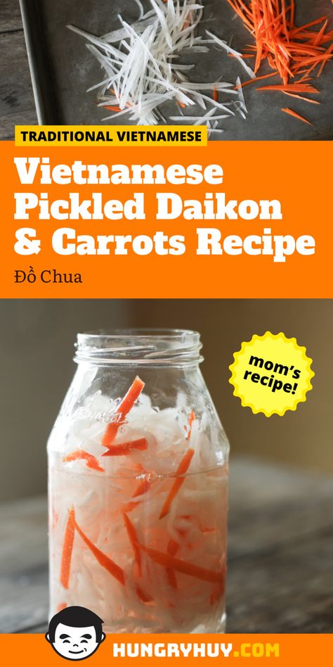 Vietnamese Pickled Carrots & Daikon Radish Recipe (Đồ Chua) White Radish Recipes, Pickled Daikon And Carrots, Pickled Daikon Recipe, Pickled Carrots Recipe, Daikon Recipe, Radish Recipe, Easy Vietnamese Recipes, Pickled Daikon, Daikon Radish