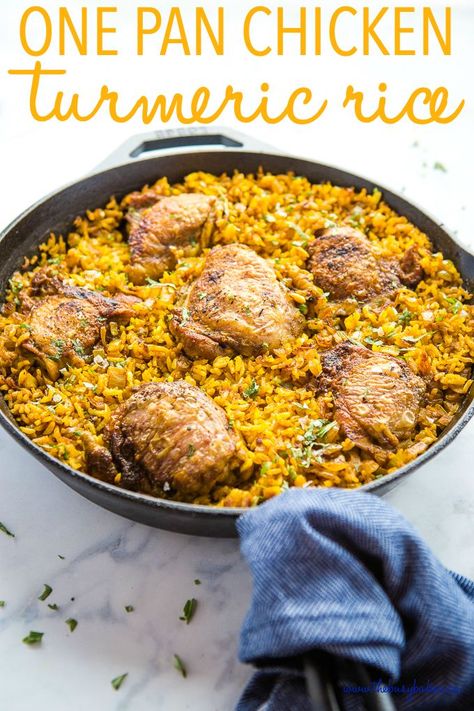 This Easy One Pan Chicken with Turmeric Rice is the perfect super easy weeknight dinner! It's family-friendly and on the table in 30 minutes! Recipe from thebusybaker.ca! #rice #turmeric #healthy #chicken #lodgecastiron #onepan #meal #weeknight #dinner #chickenandrice Rice Turmeric, Turmeric Rice, Turmeric Recipes, One Pan Chicken, Healthy Man, Easy Weeknight Dinner, Pan Chicken, Camping Recipes, How To Cook Rice