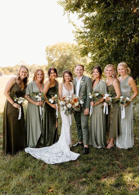 Sage Green Bridal Party, Boho Bridal Party, Wedding After Party Dress, Green Bridal Party, Boho Wedding Bridesmaids, Olive Green Bridesmaid Dresses, After Party Dress, Bridal Parties Colors, Fall Wedding Bridesmaids