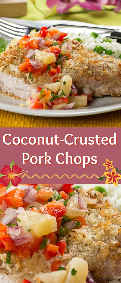 Enjoy a tropical dinnertime meal with this recipe for Coconut-Crusted Pork Chops. A coconutty crust and some flavorful spices gives these baked pork chops an exotic island taste that's undeniably delicious. Coconut Pork Chops, Baked Tuna Steaks, Coconut Pork, Panko Pork Chops, Baked Tuna, Mr Food Recipes, Crusted Pork Chops, Perfect Pork Chops, Roast Pork Chops