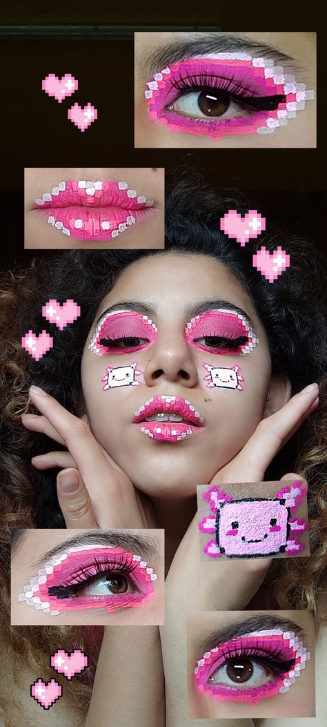 Maquillaje de píxeles rosa con ajolote y corazones Face Paint, Carnival Face Paint, Halloween Face, Face Makeup, Halloween Face Makeup, Makeup, Make Up