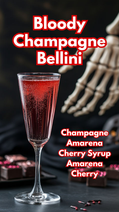 Bloody Champagne Bellini Gothic Cocktails, Champagne Bellini, Halloween Beverages, Amarena Cherries, Fun Halloween Drinks, Spooky Cocktails, Cocktail Cards, Unique Cocktail Recipes, Bellini Cocktail