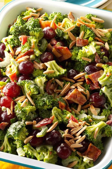 People can't get enough of the sweet grapes and crunchy broccoli in this colorful salad. Plus, you'll appreciate its make-ahead convenience. | Broccoli Salad Supreme Recipe from Taste of Home Office Potluck Recipes, Salad Supreme Recipe, Broccoli Grape Salad, Salad Supreme, Potluck Salad, Salads For A Crowd, Resep Salad, Broccoli Slaw, Grape Salad