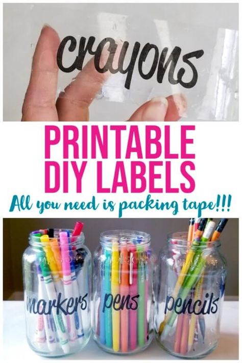 DIY Labels: How to Make Clear Labels with Packing Tape & Paper Diy Sticker Labels, Diy Labels For Jars, Diy Clear Labels, Cute Labels, Best Way To Label Plastic Totes, Tape Labels Diy, How To Make Labels With Tape And Water, Free Printable Craft Room Labels, Diy Labels For Storage Bins