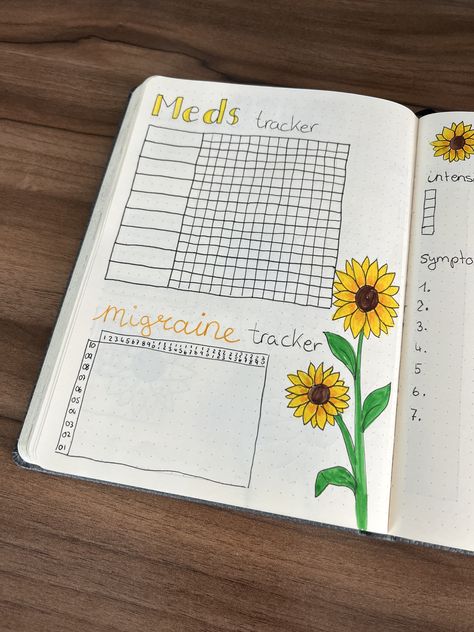 here is my bullet journal June 2022 medication tracker and migraine with a sunflower theme. this bujo tracker is made to keep track of any medications and also to keep track of migraine so overall a layout to keep track of your health. this theme ideas is perfect for the summer. if this bulet journal layout can be used as a habits tracker as well. Bullet Journal Symptom Tracker, Bullet Journal Medication Tracker, Health Tracker Bullet Journal, Migraine Tracker, Bujo Tracker, Bullet Journal Health, Journal June, Journal Designs, Tracker Bullet Journal