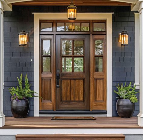 Grey Porch, Dark Gray House, Wood Front Door, Small Front Porch Ideas, Brown Doors, Gray House, Small Front Porch, Grey Houses, Small Front Porches