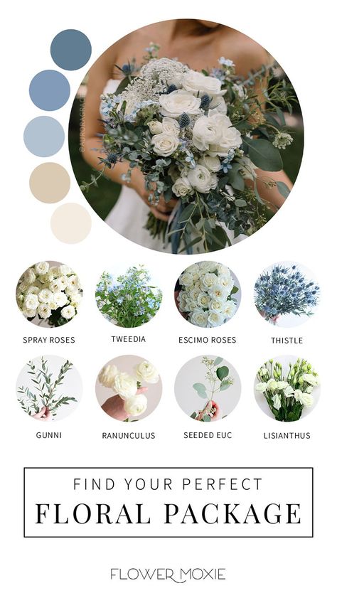 Wedding Flower Types, Cream Wedding Flowers, Wedding Flower Packages, Blue Themed Wedding, Blue Wedding Flowers, Cream Wedding, Dusty Blue Weddings, Wedding Theme Colors, Flower Packaging