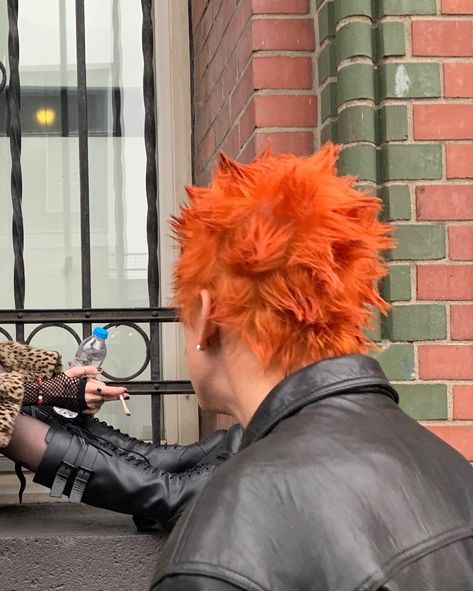 orange hair, fight club, aesthetic, Oakley's Orange Hair Men Dyed, Men Orange Hair, Punk Guy, Pink And Orange Hair, Spikey Hair, Flame Hair, Punk Rock Hair, Spider People, Dyed Hair Men