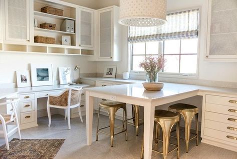 Whitney Parkinson, Whittney Parkinson Design, Whittney Parkinson, Craft Room Design, Custom Chair, White Quartz Countertop, Upper Cabinets, Built In Desk, Craft Table