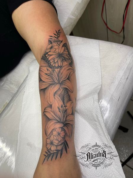 Bottom Arm Tattoo, Inked By Naj, Flower Quarter Sleeve Tattoo, Flowers Tattoo On Shoulder, Front Forearm Tattoo Women, Hibiscus Tattoo Sleeve, Medium Size Tattoos For Women, Women Flower Tattoos, Outer Forearm Tattoos Women