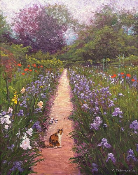 "Monet's Garden with Cat" is a fine-art giclee print of an original Impressionist painting by Robert Padovano. This paintings depicts the garden of the famous French Impressionist Monet in Giverney France. I particularly love the purple irises that line the path on each side. I added the cat for a touch of charm to an already lovely location. All my prints are made with archival inks on heavy stock acid free velvet fine art paper.  FINE-ART PRINTS ON PAPER: Comes in two sizes: $55 - Medium size Monet's Garden, Claude Monet Paintings, Claude Monet Art, Monet Art, Monet Paintings, Art Classique, Garden Painting, Impressionism Art, Impressionist Art