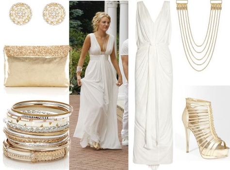 Serena look 3 with white maxi goddess dress gold hair chain gold gladiator sandals gold bangles gold pearl earrings and sequin clutch Greek Dress, Serena Van Der, Gossip Girl Outfits, Iconic Looks, Grecian Goddess, Serena Van, Serena Van Der Woodsen, Gossip Girl Fashion, Goddess Dress