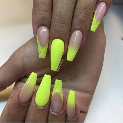 Yellow Ombre Nails, Acrylic Nails Yellow, Neon Yellow Nails, Neon Green Nails, Nails Yellow, Yellow Ombre, Ombre Acrylic Nails, Unique Acrylic Nails, Summer Acrylic Nails