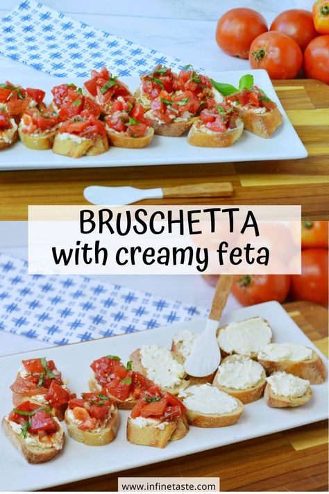 bruschetta on crostini on white platter with title in center Bruschetta Toast Appetizers, Mini Crostini Appetizers, Brusseta Bread, Bruschetta Bites Party Appetizers, Bruschetta With Feta Recipe, Brusetta Appetizer Recipe, Bruschetta Recipe Feta, Feta Crostini Appetizers, Best Italian Appetizers Parties