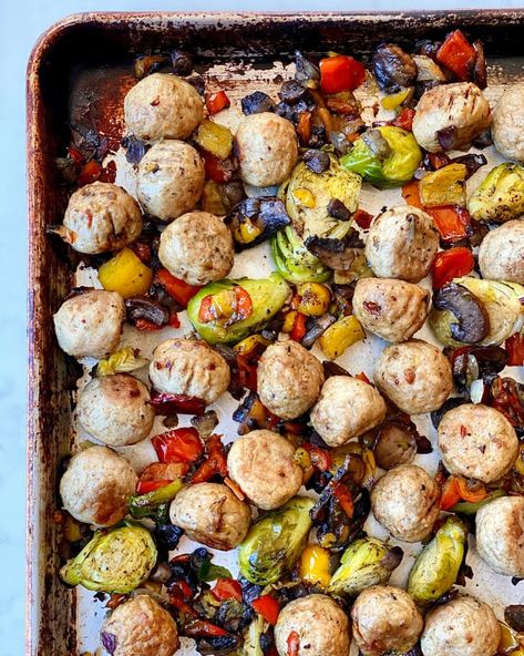 Costco Meatballs and Fire-Roasted Veggies Recipe (Sheet Pan, 2-Ingredients) | The Kitchn Sheet Pan Meatballs, Costco Meatballs, Roasted Veggies Recipe, Pesto Dressing, Sheet Pan Suppers, 2024 Recipes, Pan Recipe, Sheet Pan Dinners Recipes, Sour Cream Recipes