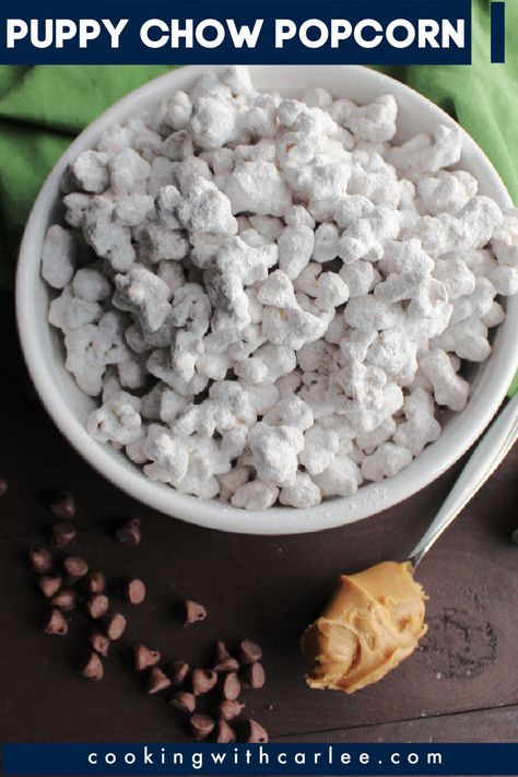 Puppy Chow Popcorn Recipe, Popcorn Puppy Chow, Puppy Chow Popcorn, Sugar Popcorn Recipe, Candy Popcorn Recipe, Protein Puppy Chow, Chocolate Peanut Butter Popcorn, Sweet Snack Mix, Popcorn Dessert