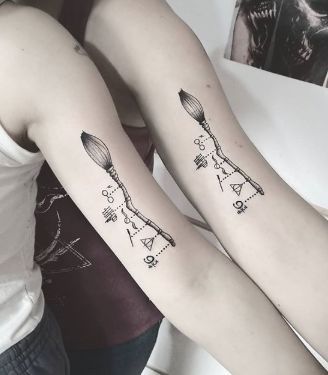 Matching Harry Potter Tattoos, Hannah Tattoo, Matching Tats, Potter Tattoo, Inkbox Tattoo, Harry Potter Tattoos, Harry Potter Tattoo, Matching Tattoos, Geometric Tattoo