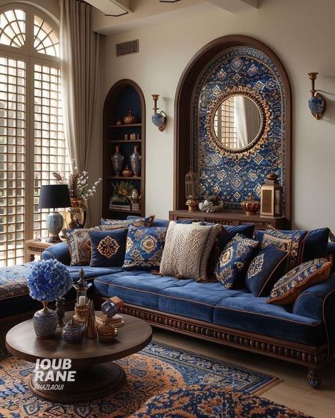 Moroccan Apartment Decor, Persian Style Living Room, Moroccan Living Room Ideas, Royal Interior Design, Moroccan Inspired Living Room, Blue Accents Living Room, Persian Home Decor, Blue And Gold Living Room, Moroccan Decor Bedroom