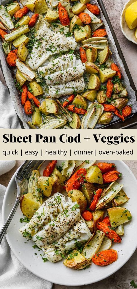 Mediterranean Dinner Ideas Fish, One Pan Dinners Fish, Baked Fish And Vegetables, Simple Fish Dinner, One Pan Cod And Veggies, Baked Fish Sheet Pan, Cod One Pan Meal, Fish With Potatoes Oven Baked, Easy Healthy Fish Dinner