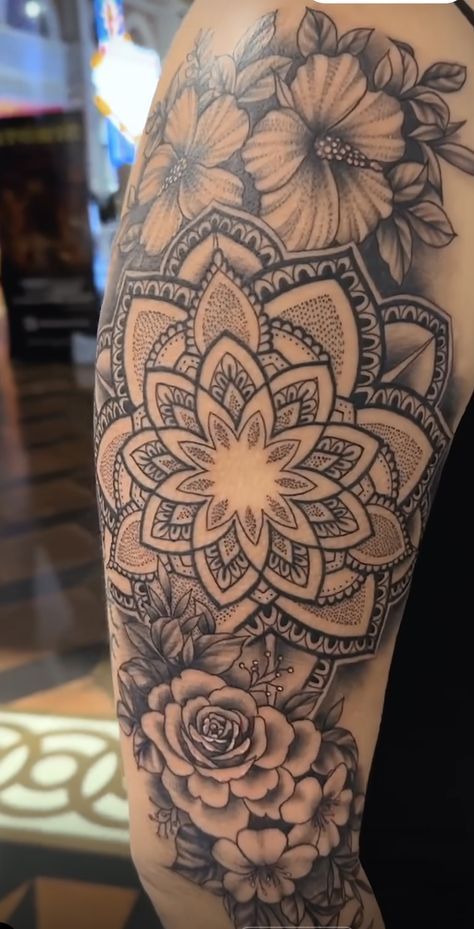 Hamsa Tatoos, Shaded Mandala Tattoo, Upper Arm Tattoo Ideas Female, Mandela Tattoo Designs For Women, Mandala Upper Arm Tattoo, Mandala Sleeve Tattoo Women, Colorful Sleeve Tattoos For Women, Tattoo Ideas Leg Female, Flower Filler Tattoo