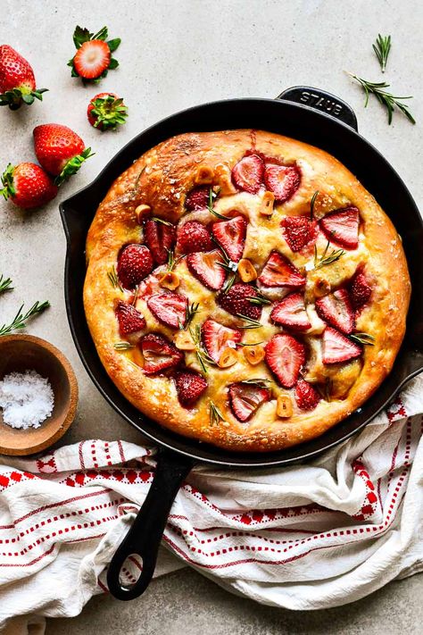 Sweet and Savory Strawberry Focaccia - UncomplicatedChef Honey Pizza, Store Bought Pizza Dough, Measuring Flour, Focaccia Recipe, Strawberry Party, Food Drinks Dessert, Fresh Rosemary, Pizza Dough, Strawberry Recipes