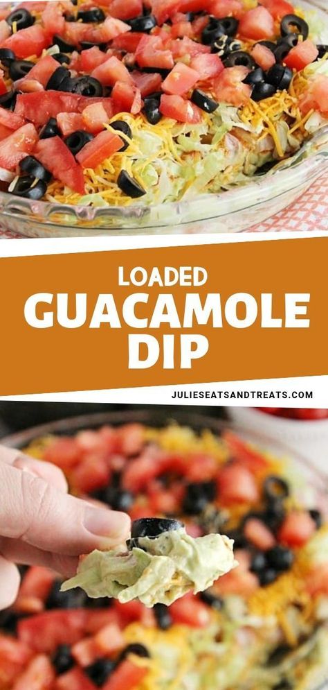 A perfect dip for your barbecue party, this loaded guacamole recipe is layered with cheese, salsa, lettuce, tomatoes and black olives. Loaded Guacamole Recipe, Layered Guacamole Dip Recipes, Loaded Guacamole, Guacamole Recept, Guacamole Dip Recipes, Guacamole Recipes, Homemade Guacamole Recipe, Carrots And Celery, Mexican Dips