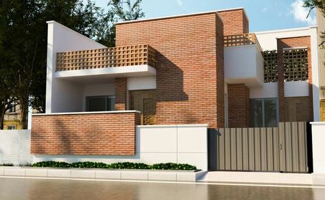 Brick Elevation Architecture, Red Brick Elevation, Porotherm Brick House Elevation, Porotherm Brick House, G+1 House Elevation Indian, Brick Elevation, Modern Brick House, House Concept, Small House Elevation