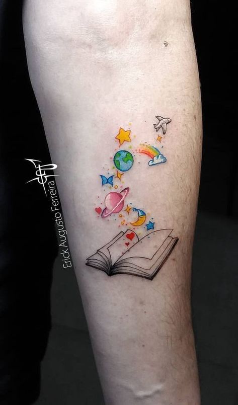 Book Wrist Tattoos Small, Watercolour Book Tattoo, Book Space Tattoo, Daycare Teacher Tattoo Ideas, Tattoo Ideas Teacher, Reading Rainbow Tattoo, Teaching Tattoos Small, Educator Tattoos, Colorful Book Tattoos