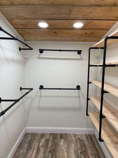 Industrial Piping, Storage Closet Shelving, Closet Under Stairs, Bed In Closet Ideas, Closet Design Layout, Closet Renovation, Closet Layout, Closet Remodel, Small Deck