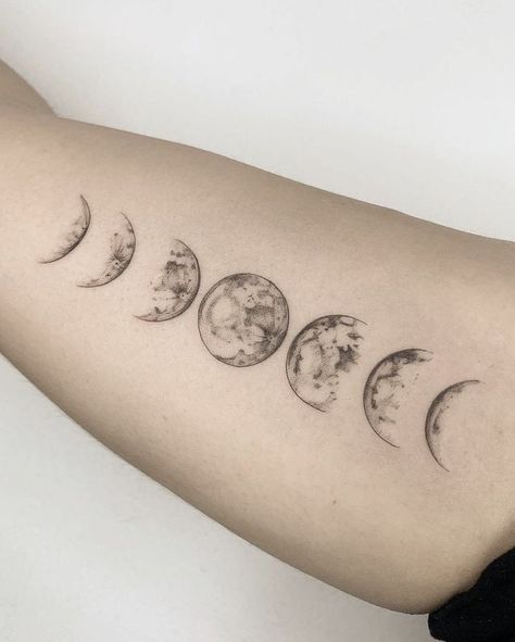 Moon Phase Shoulder Tattoo, Lunar Phases Tattoo, Moon Arm Tattoo, Moon And Clouds Tattoo, Tiny Moon Tattoo, Moon Tattoo Designs For Women, Moon Phases Tattoo Designs, Moon Phase Tattoo, Phase Tattoo