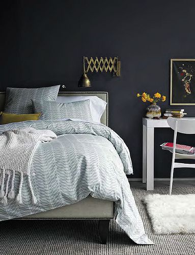 Color: via poppytalk Charcoal Bedroom, Dark Gray Bedroom, Dramatic Bedroom, Dark Bedroom, Gray Wall, Bedroom Pictures, Dark Walls, Gray Bedroom, Grey Walls