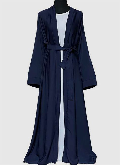 A loose fit premium nida fabric of a A-Line cut ,with front opening having hooks in it which comes with a matching belt to tailor it to your own size Gamis Navy, Navy Abaya, Navy Blue Abaya, Farewell Dress, Plain Abaya, Abaya Inspiration, Patiala Dress, Blue Abaya, Indian Clothing Brands