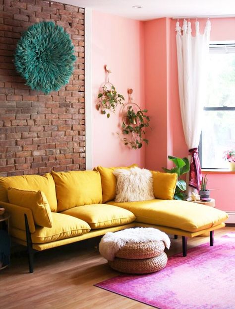 Yellow Couch Aesthetic, Mustard Yellow Couch Living Rooms, Mustard Yellow Couch, Ground Furniture, Mustard Couch, Colorful Sofas, Floyd Sofa, Yellow Sectional, Yellow Sofas