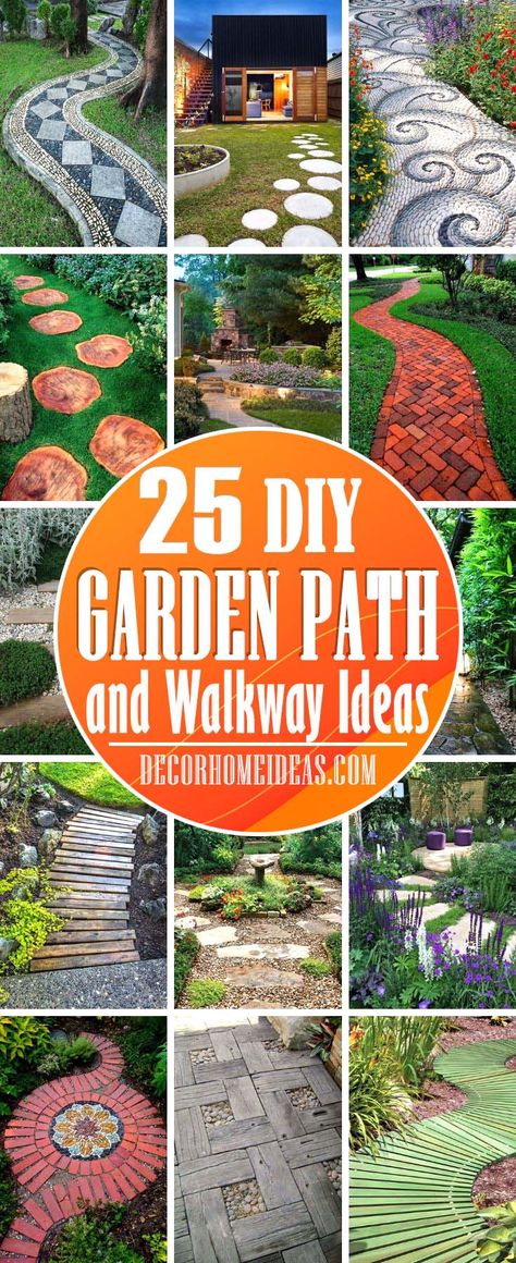 25 Beautiful Garden Path and Walkway Ideas That Are Easy To Copy | Decor Home Ideas Garden Rock Pathway, Small Pathway Ideas, Backyard Stone Walkway, Unique Garden Pathways, Paver Pathway Ideas Diy, Natural Garden Paths Walkways, Garden Walkway Design, Garden Pathway Design, Cement Walkway Ideas Pathways