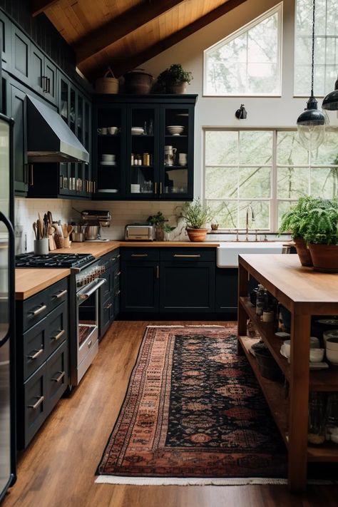 40+ Aesthetic Moody Farmhouse Kitchen Ideas Moody Scandinavian Kitchen, Small Kitchen Renovation Ideas Farmhouse, Cozy Kitchen Black Cabinets, Dark Walls White Cabinets Kitchen, Kitchen Colors Schemes For Small Kitchen, Moody Kitchen With Oak Cabinets, Moody Farmhouse Aesthetic, Galley Kitchen Wood Cabinets, Small Long Kitchen Ideas Narrow