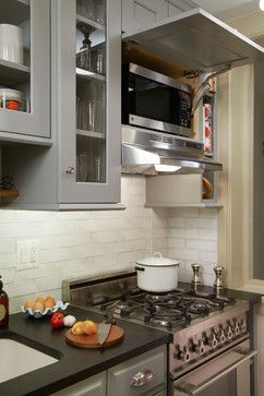 Microwave Above Stove, Kitchen Design Remodel, Hidden Microwave, Microwave Storage, Kitchen With Stainless Steel Appliances, Small Farmhouse Kitchen, Cottage Kitchen Cabinets, Small Kitchen Design, Small Kitchen Cabinets