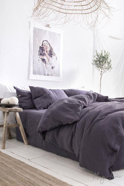 Bed Themes, Charcoal Duvet, Minimalist Bedroom Men, Purple Duvet, Diy Sofa Bed, Purple Duvet Cover, Purple Bedding, Bedding Inspiration, Cheap Bedding