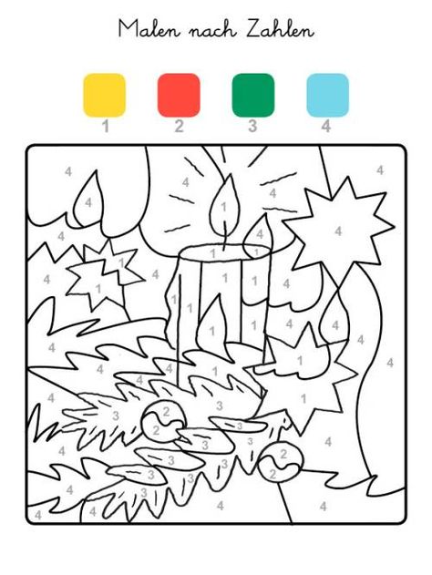 Malen nach Zahlen: Weihnachtskerze ausmalen zum Ausmalen Christmas Color By Number, Color By Number Printable, Christmas Worksheets, Unique Coloring Pages, Christmas Coloring Books, Color By Numbers, Color Magic, Color By Number, Christmas Coloring Pages