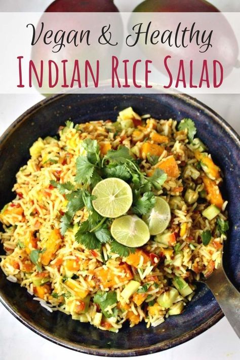 Vegan Curried Indian Rice Salad with Mango & Ljme Dressing | An easy, simple and healthy gluten-free salad recipe perfect for clean eating meal prep. Tastes best cold #saladrecipes. #mealprep #veganrecipes #indian #side Salad Recipes Vegan, Rice Salad Cold, Curried Rice Salad, Curried Rice, Clean Eating Meal Prep, Mango Rice, Salad With Mango, Indian Salads, Rice Salad Recipes