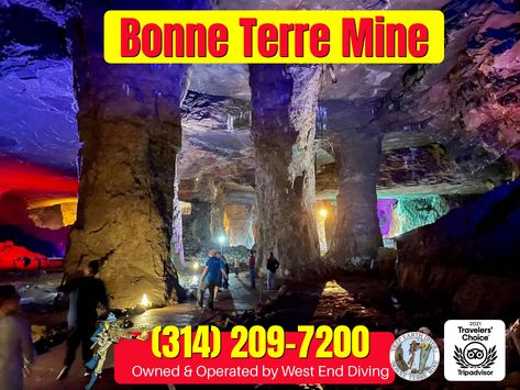 The Mine at Bonne Terre (314) 209-7200 #adventure #bonneterremine #historiclandmark #missouri #geomine #familyadventure #scubadiving #missouri #tours #attractions #walkingtour Family Adventure, West End, Walking Tour, Scuba Diving, Memorial Day, Missouri, Trip Advisor, Diving, Comic Book Cover