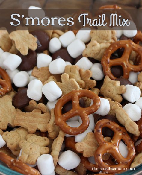 Try this super easy and fun S'mores Trail Mix Recipe. It's ready in minutes and great for parties! - 1 cup mini marshmallows 1 cup Teddy Grahams 1 cup mini pretzels 1 bag Hershey's Milk Chocolate drops, 8 oz. Trail Mix Recipe, Smores Bar, Trail Mix Recipes, Mini Pretzels, Easy Camping Meals, Snack Mix Recipes, S'mores Bar, Camping Recipes, Toddler Snacks